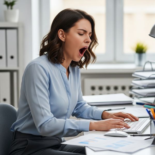 Donna con sonnolenza diurna che sbadiglia mentre lavora al PC Donna con sonnolenza diurna che sbadiglia mentre lavora al PC