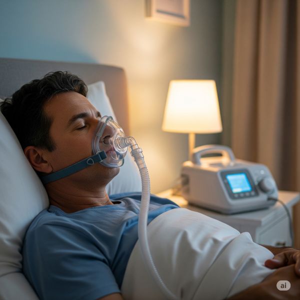 Terapia Bilevel Uomo che fa terapia Bilevel a casa