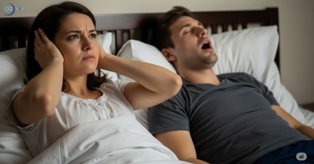 Donna-sveglia-che-si-tappa-le-orecchie-accanto-a-uomo-che-russa-mentre-dorme-nel-suo-letto